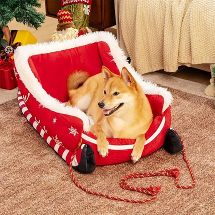 Christmas Sled Pet Bed | Cozy Holiday Kennel Dog & Cat Nest with Raised Edges | Festive Winter Gift
