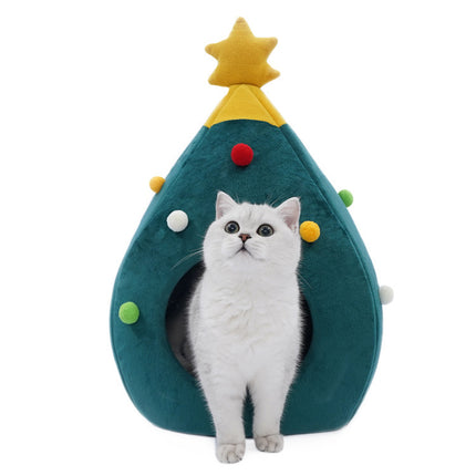 Felt Christmas Tree Cat Bed | Cozy Semi-Enclosed Cat Cave House & Kitten Nest | Festive Holiday Pet Kennel