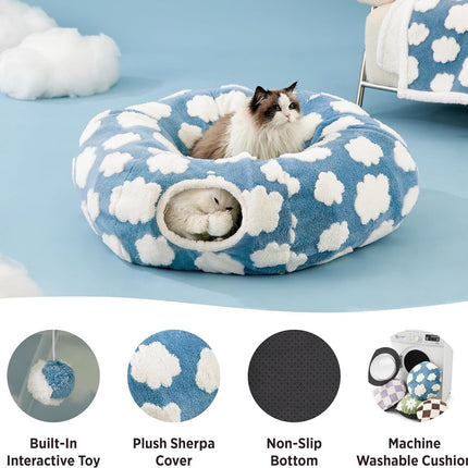 Premium Plush Cat Tunnel & Donut Bed | Foldable Light Cloud Cat Nest Toy