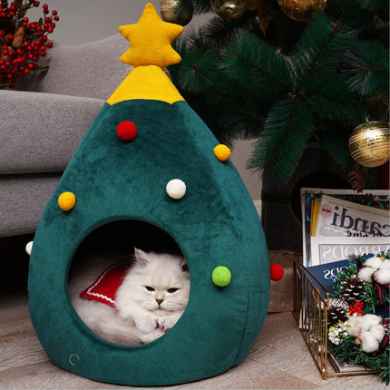 Felt Christmas Tree Cat Bed | Cozy Semi-Enclosed Cat Cave House & Kitten Nest | Festive Holiday Pet Kennel