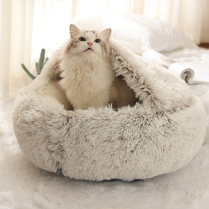 Luxurious Plush Round Cat Bed | Cozy Hooded Donut Dog & Cat Cave - Strenzia.com