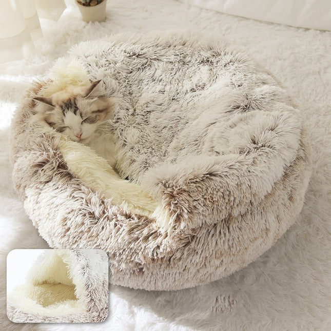 Luxurious Plush Round Cat Bed | Cozy Hooded Donut Dog & Cat Cave - Strenzia.com