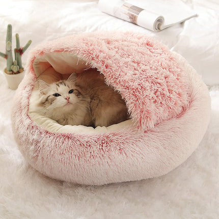 Luxurious Plush Round Cat Bed | Cozy Hooded Donut Dog & Cat Cave - Strenzia.com