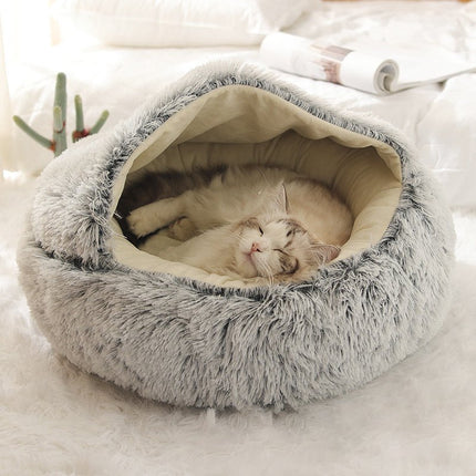 Luxurious Plush Round Cat Bed | Cozy Hooded Donut Dog & Cat Cave - Strenzia.com